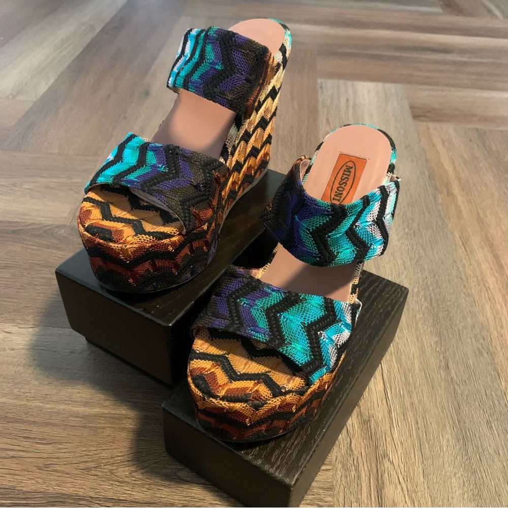 37.5 | Missoni Classic Zigzag Fabric Wedges | Jewel Tones Slides - Picture 5 of 10